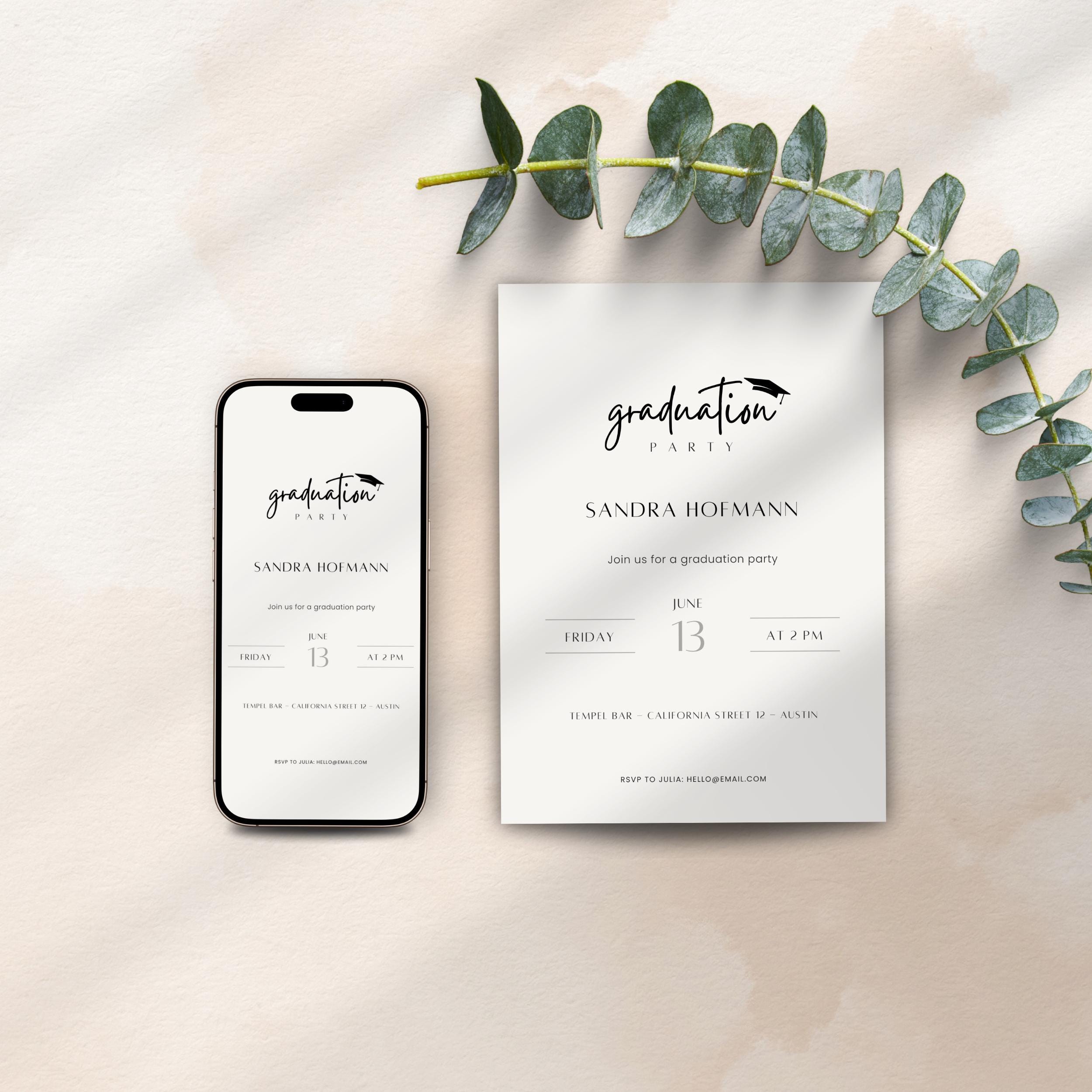 Graduation party invitation on a phone and paper with eucalyptus leaves on a light background
