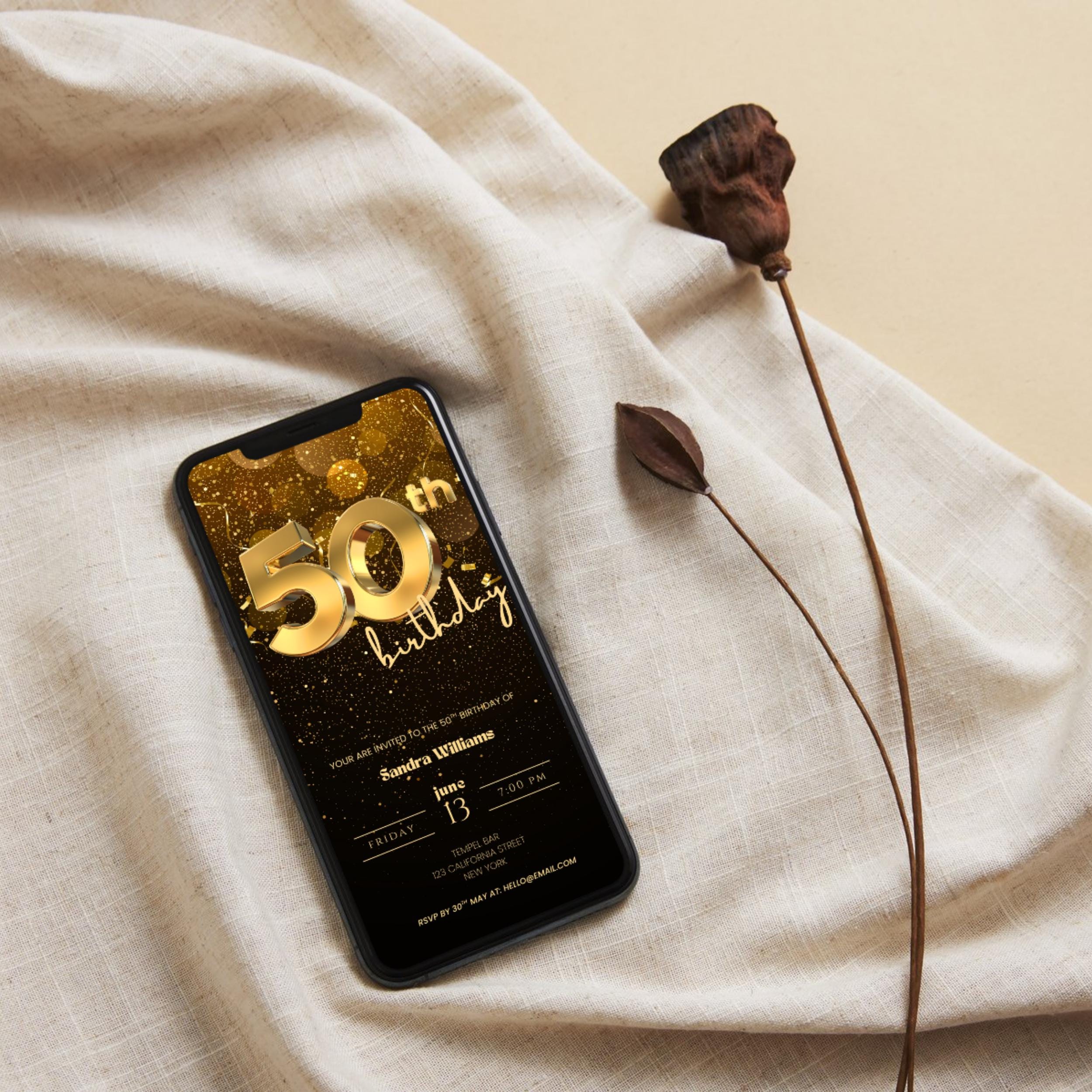 Golden 50th Birthday Invitation