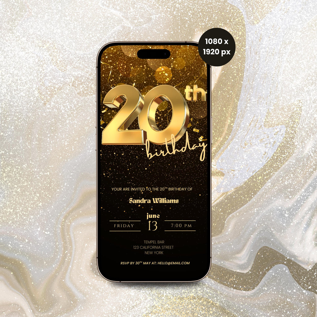 Phone case with 20th birthday invitation design on a glittery background