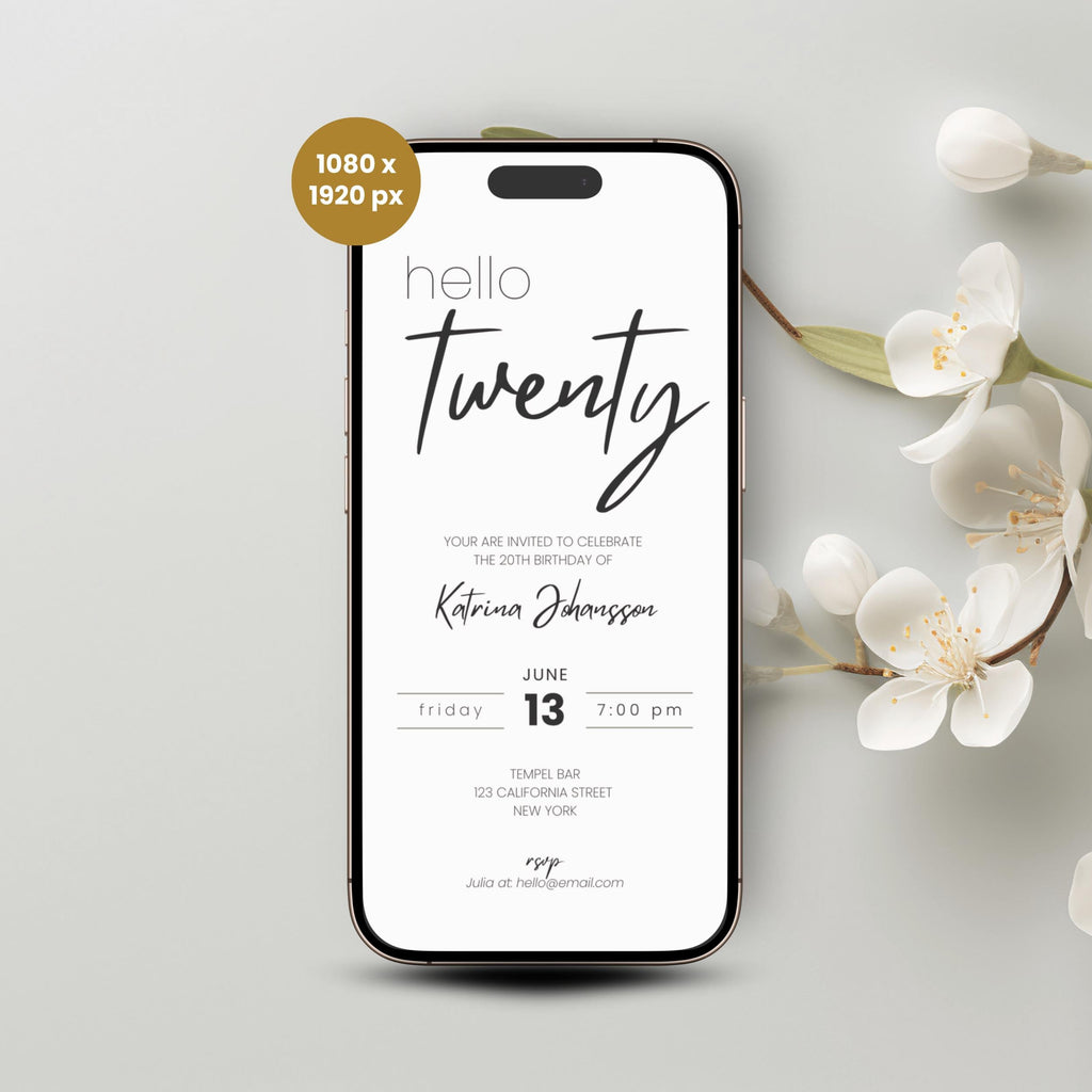 Phone screen displaying a 20th birthday invitation with floral decoration on a light gray background