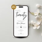 Phone screen displaying a 20th birthday invitation with floral decoration on a light gray background