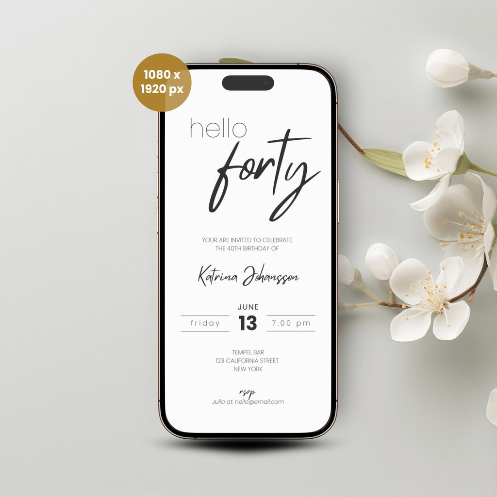 Phone screen displaying a 40th birthday invitation with floral decoration on a light gray background