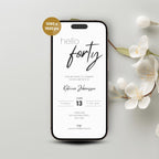 Phone screen displaying a 40th birthday invitation with floral decoration on a light gray background