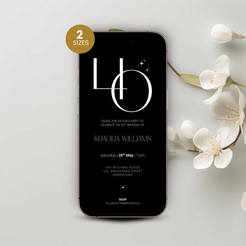 Phone with a 40th birthday invitation on a light gray background with white flowers
