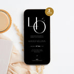 Phone displaying a 40th birthday invitation on a white surface with a cup of coffee and decorative elements.