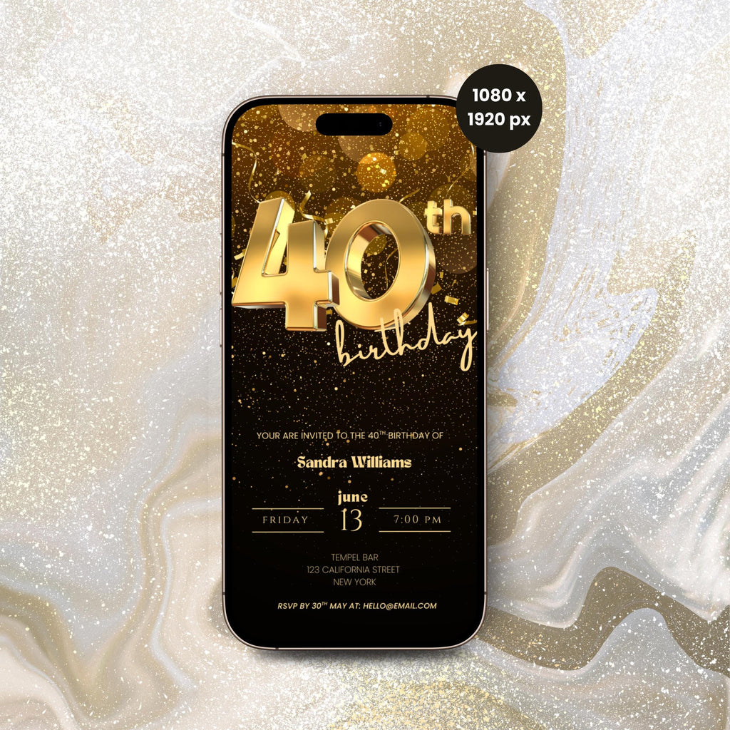 Phone case with 40th birthday invitation design on a glittery background