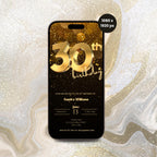 Phone case with 30th birthday invitation design on a glittery background