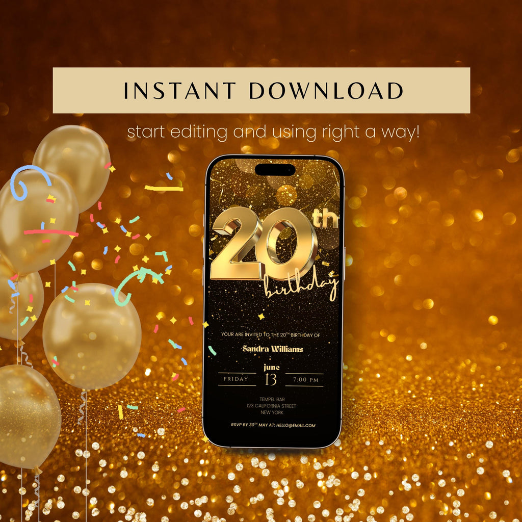 Golden 20th Birthday Invitation