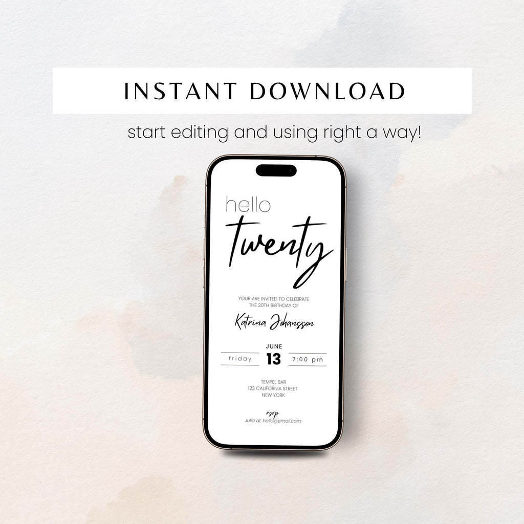 Minimalist 20th Birthday Invitation