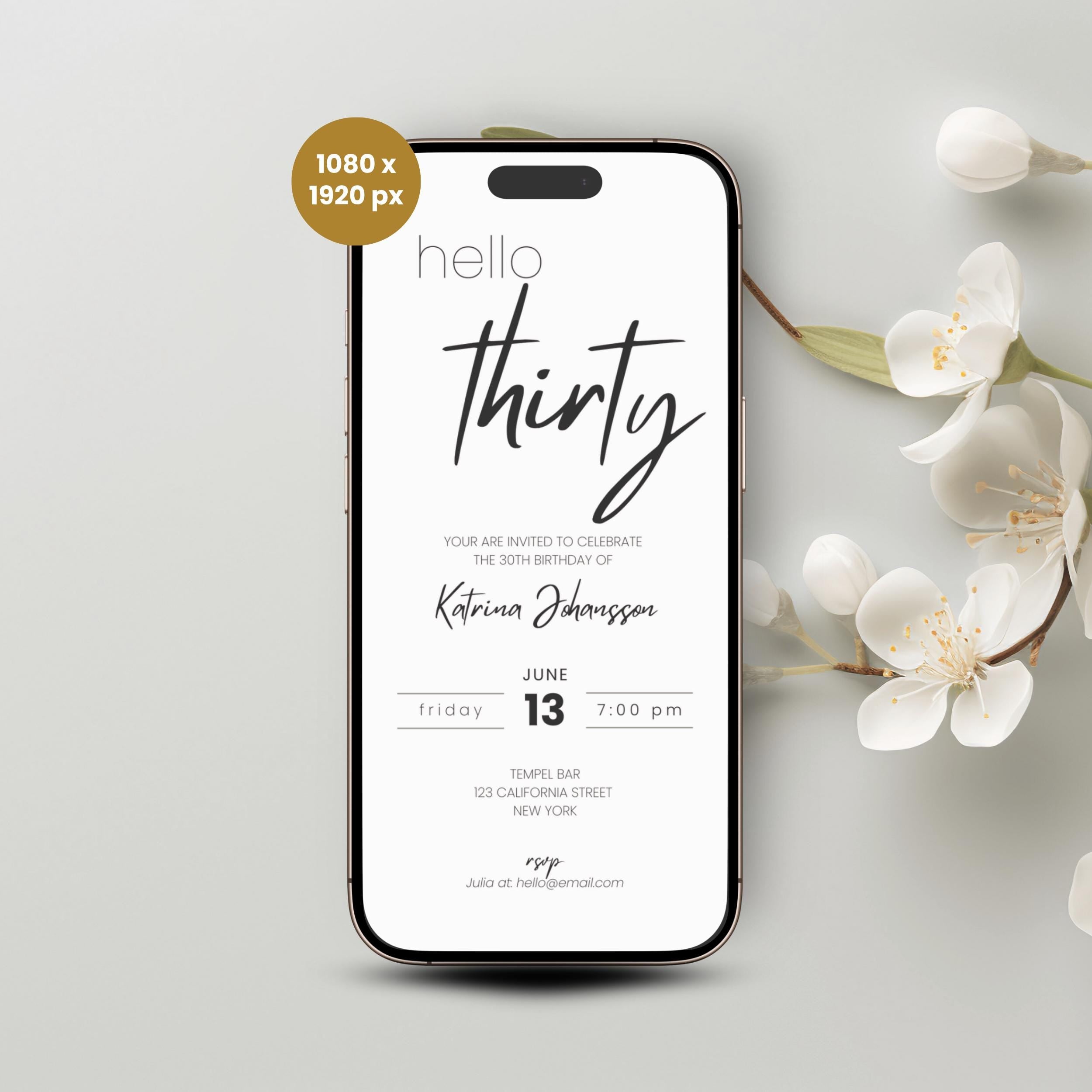 Phone screen displaying a 30th birthday invitation with white flowers on a light gray background