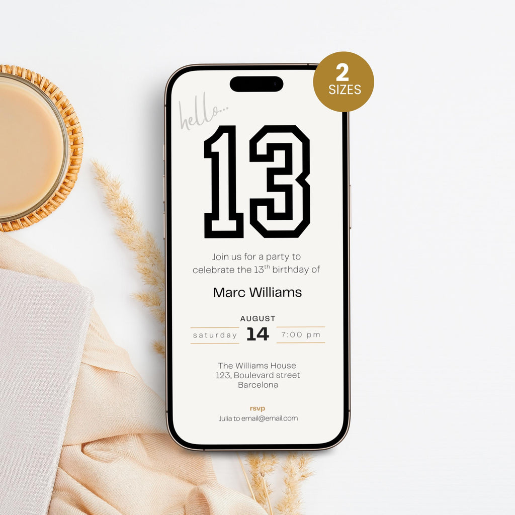Close-up of the bold 13 design on the 13th birthday invitation template
