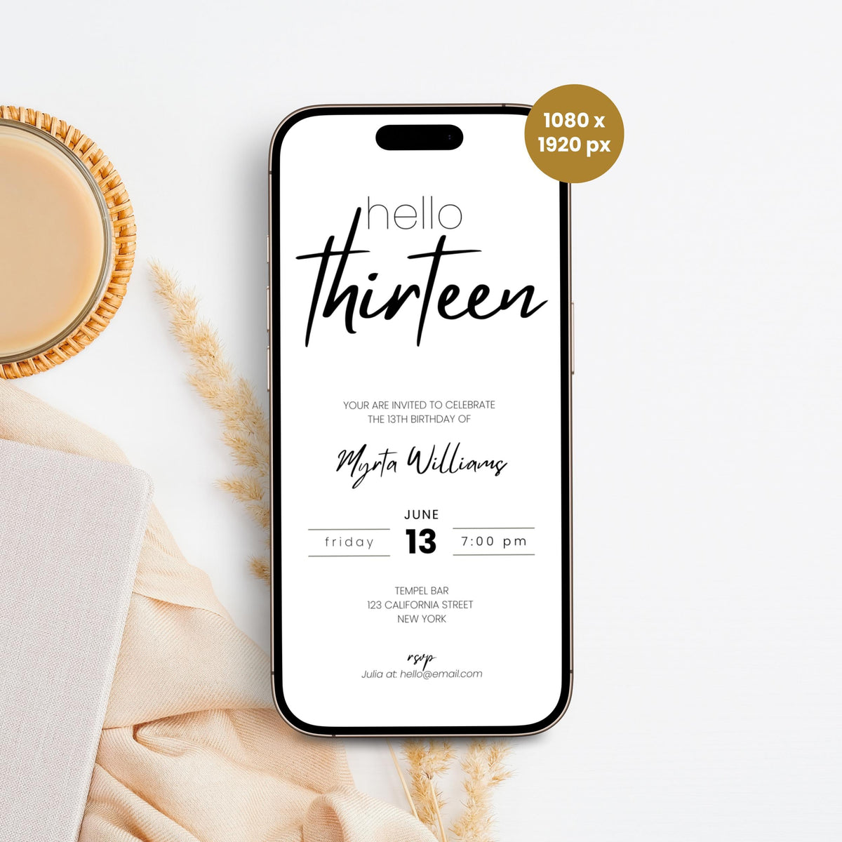 Modern script 13th birthday invitation template preview, editable in Canva