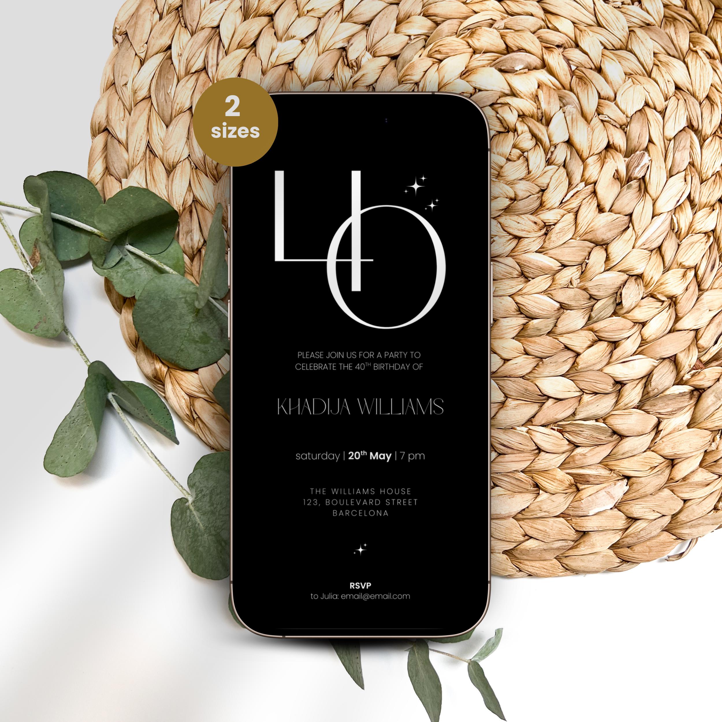 Elegant Black 40th Birthday Invitation