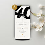 Phone with 40th birthday invitation on screen, surrounded by white flowers on a light gray background