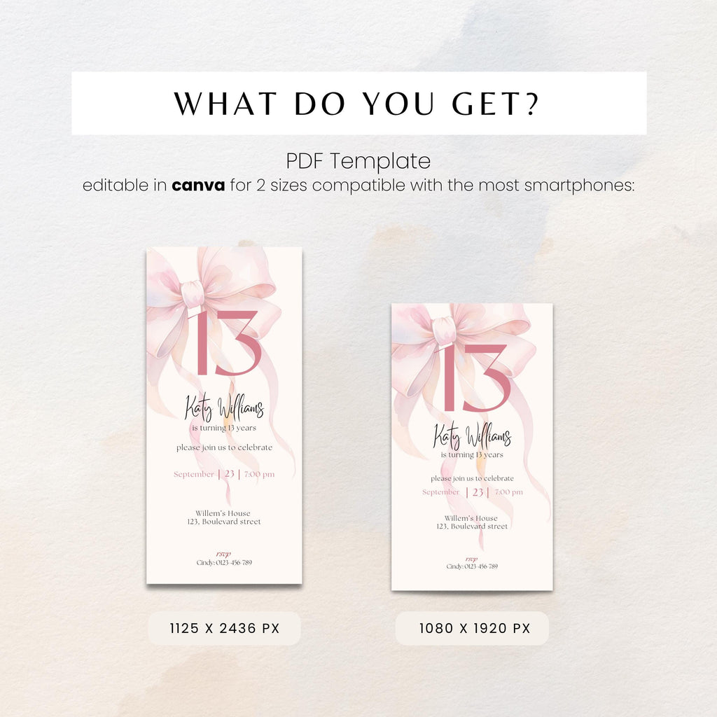 Pink Bow 13th Birthday Invitation Girls
