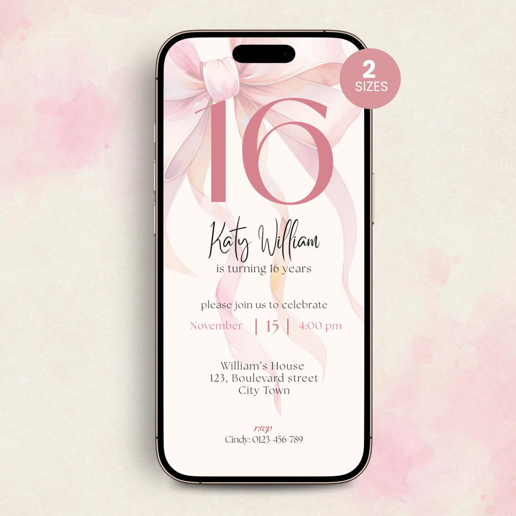 Pink Bow Sweet Sixteen 16th Birthday Invitation