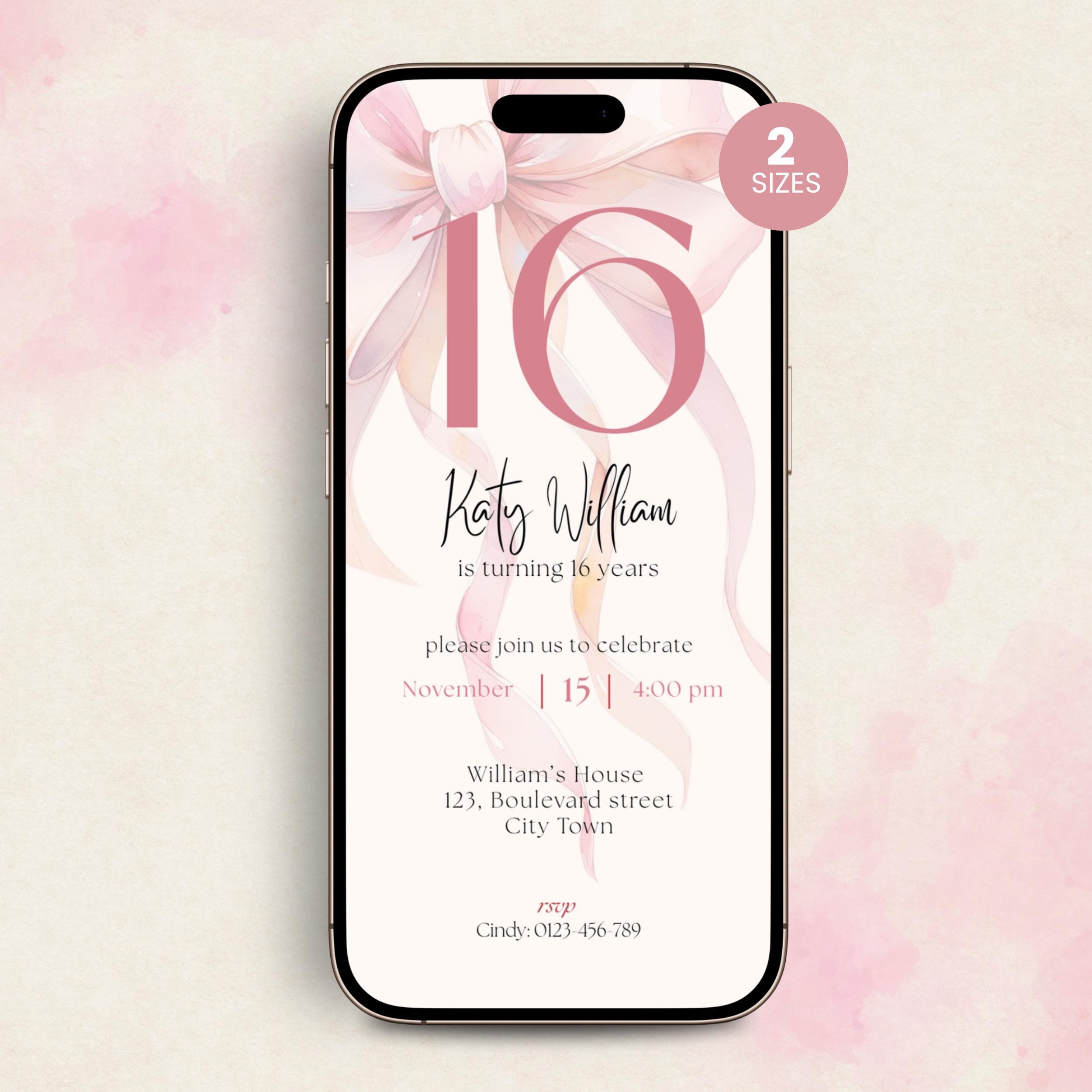 Pink Bow Sweet Sixteen 16th Birthday Invitation
