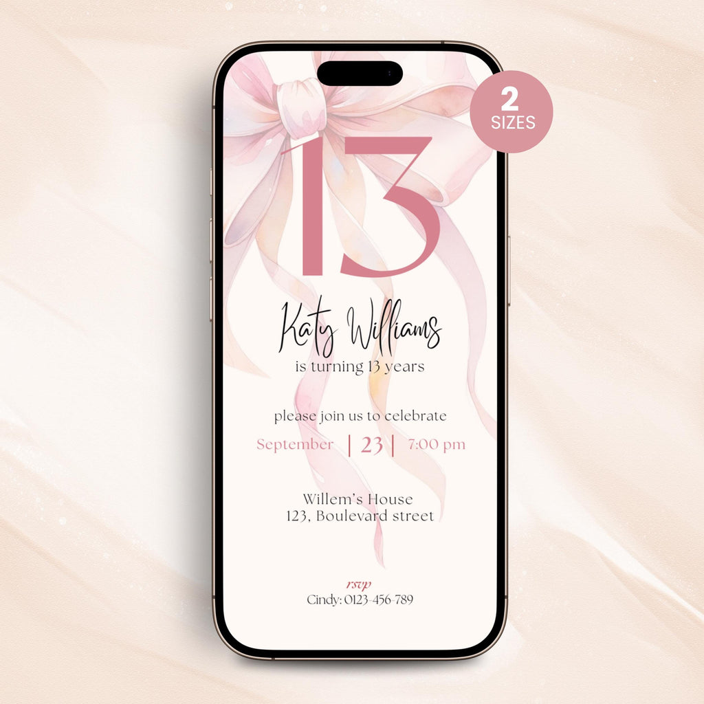 Pink Bow 13th Birthday Invitation Girls