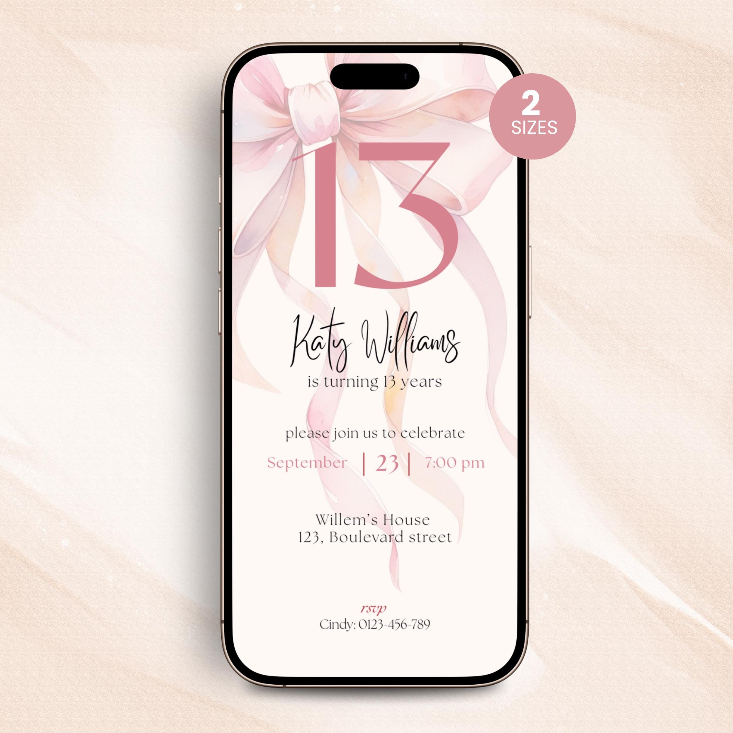 Pink Bow 13th Birthday Invitation Girls