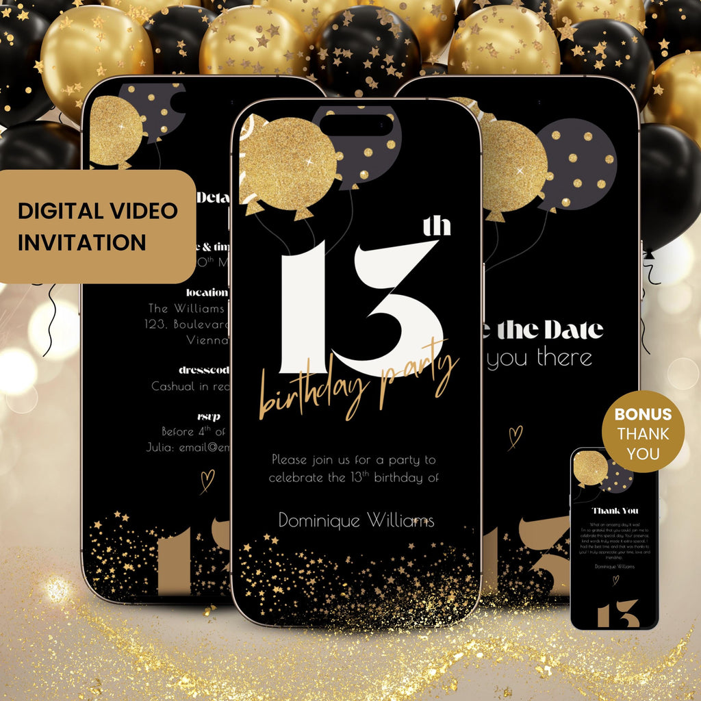 Animated Black 13th Birthday Invitation