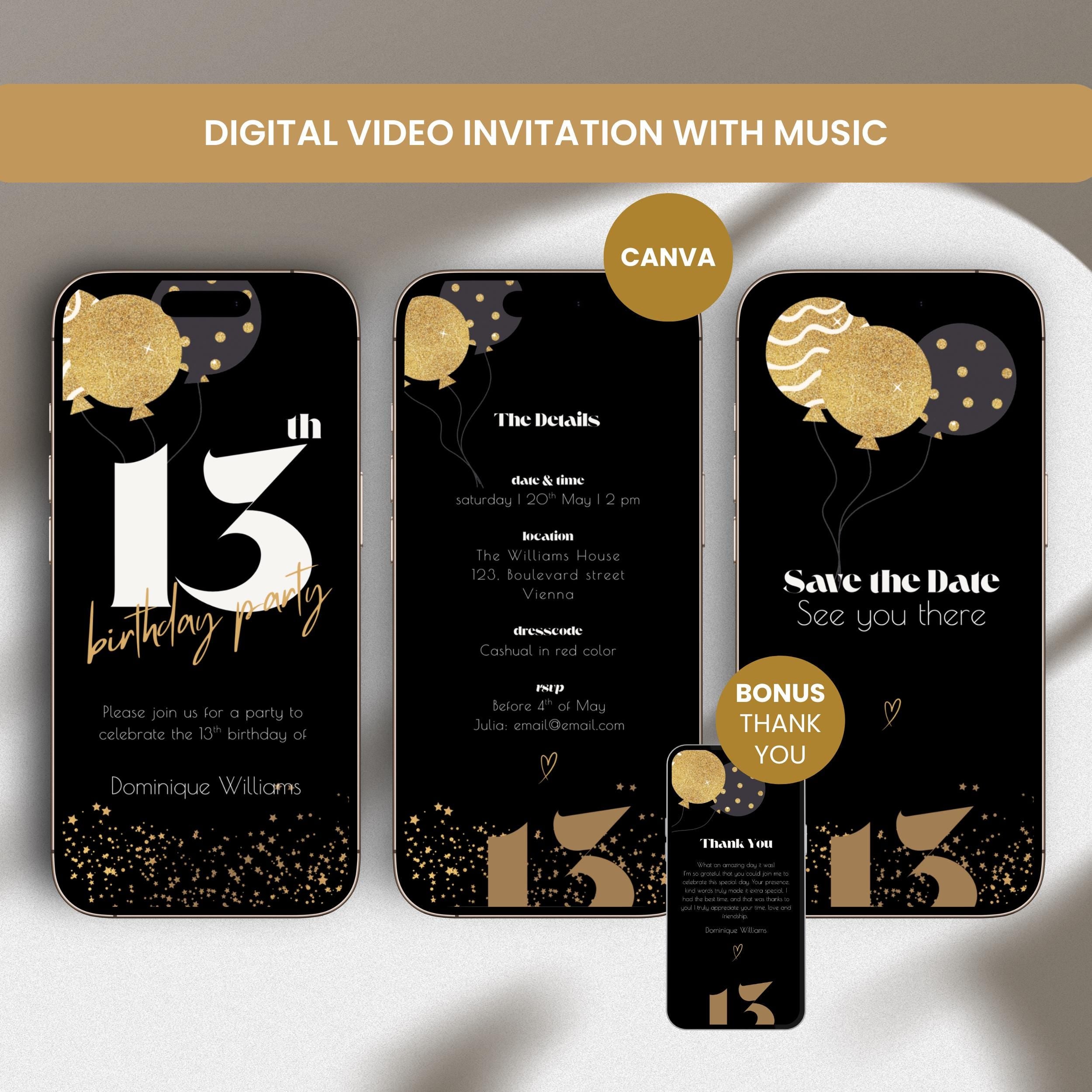 Animated Black 13th Birthday Invitation