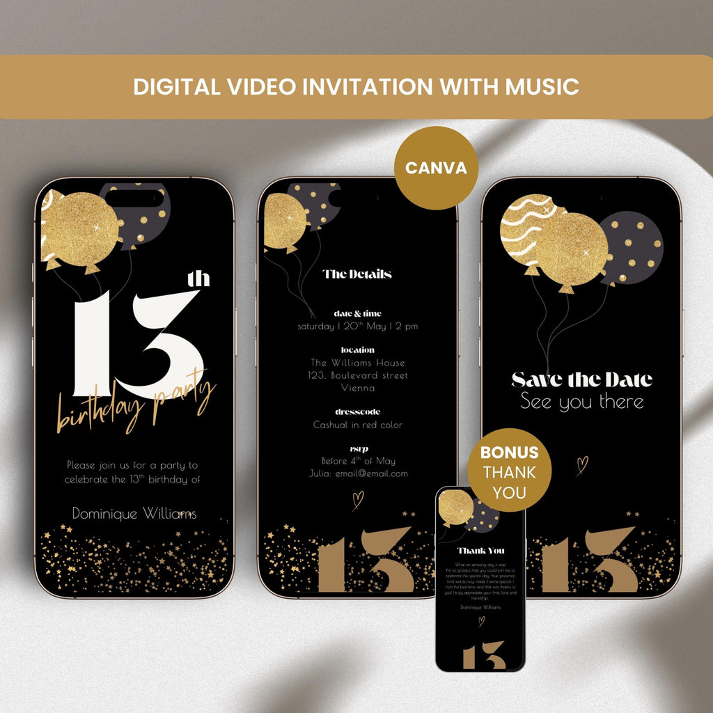 Animated black 13th birthday video invitation template preview, editable in Canva