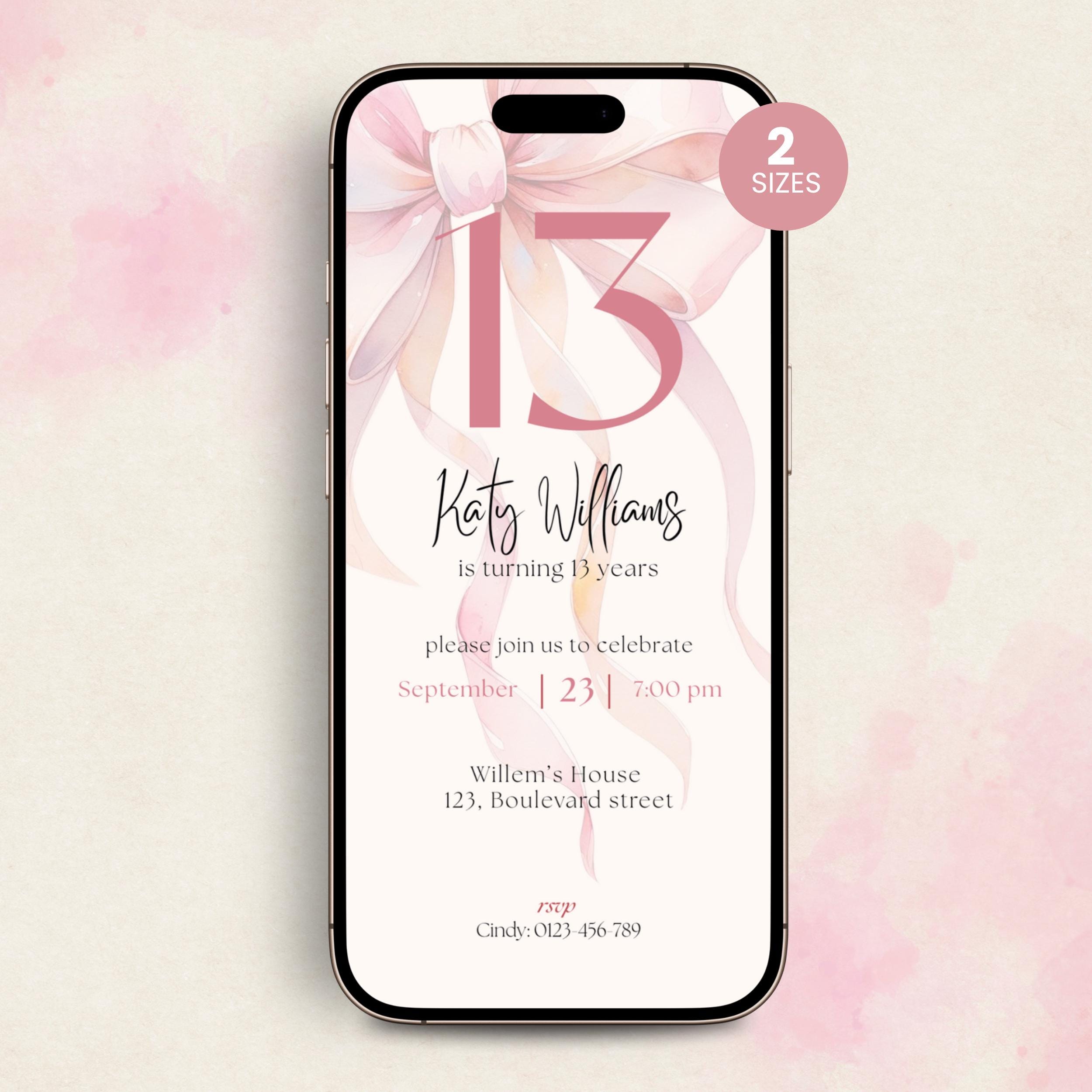 Pink Bow 13th Birthday Invitation Girls