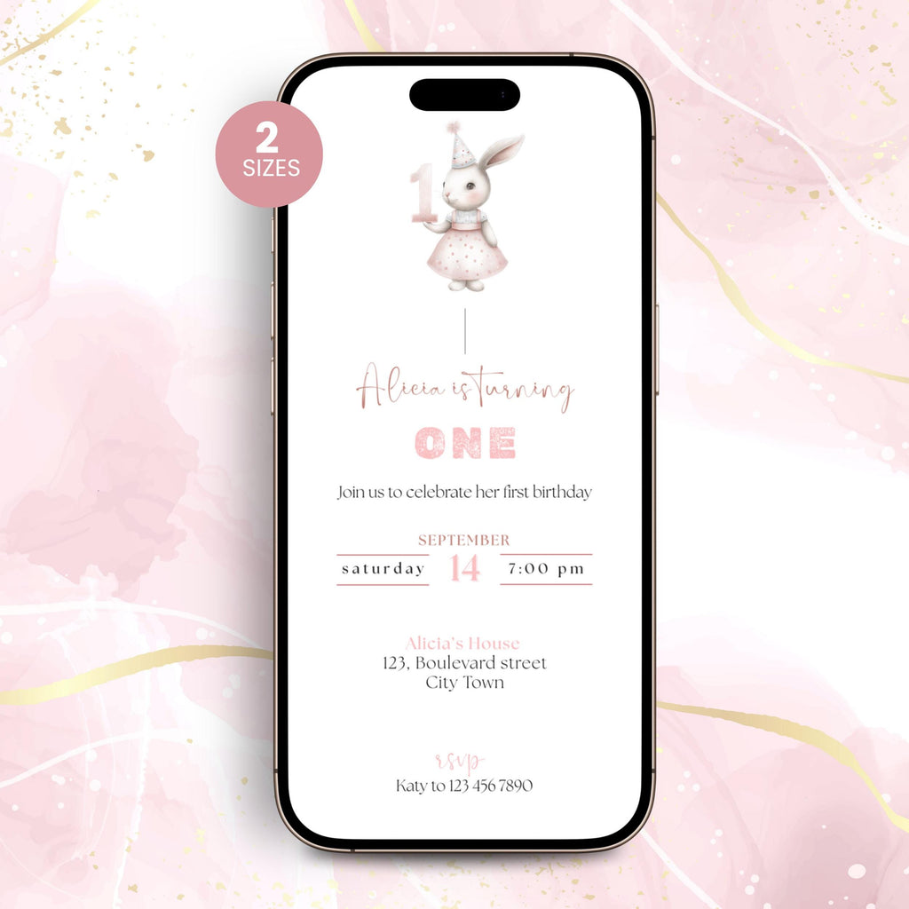 Bunny First Birthday Invitation Girls