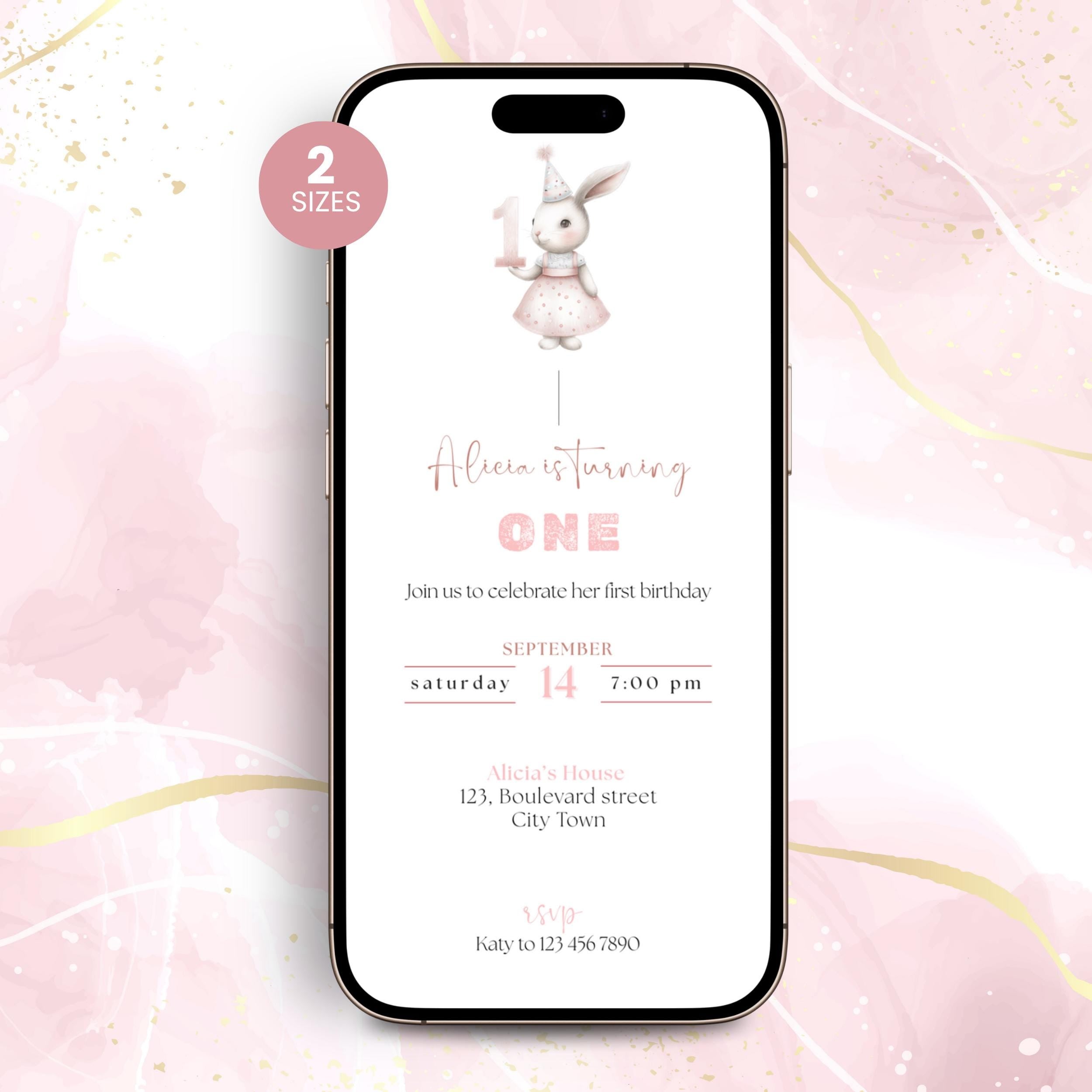 Bunny First Birthday Invitation Girls