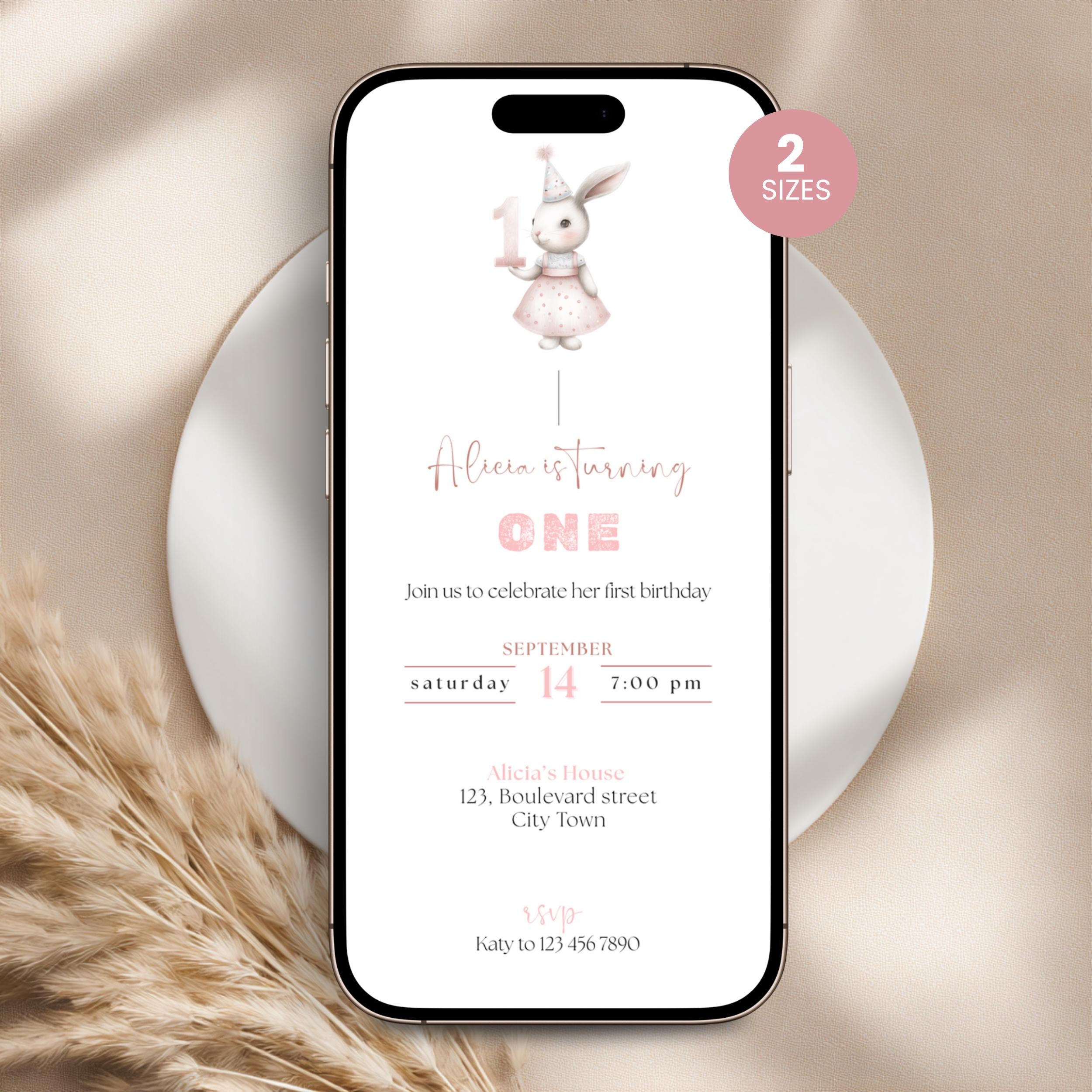 Bunny First Birthday Invitation Girls