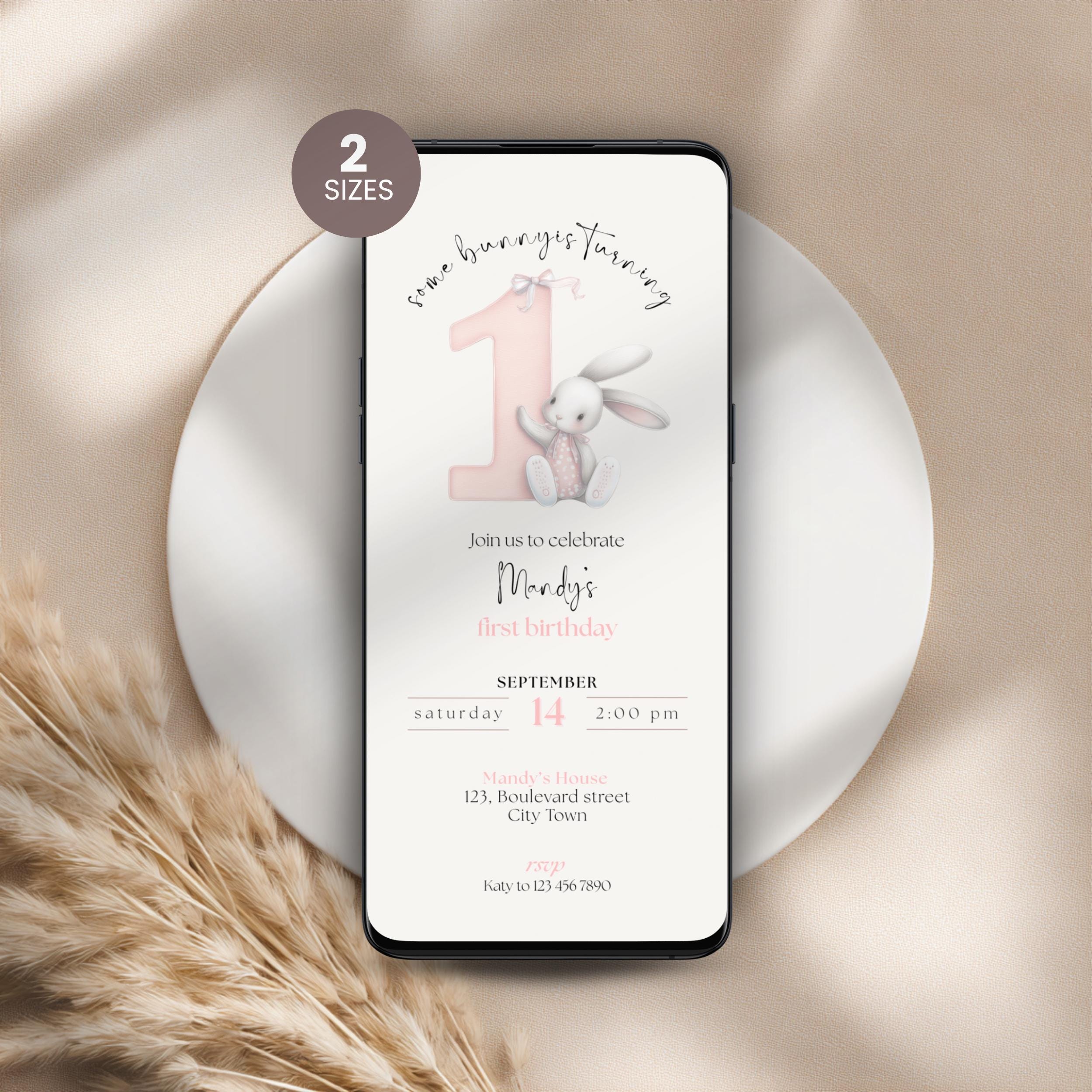 Pink Bunny 1st Birthday Invitation