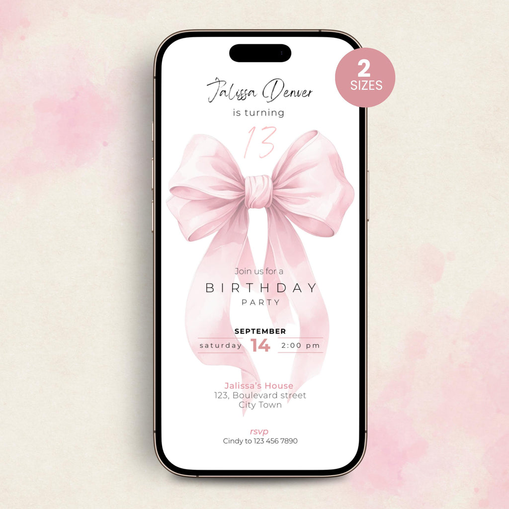 Pink Bow 13th Birthday Invitation Teen Girl