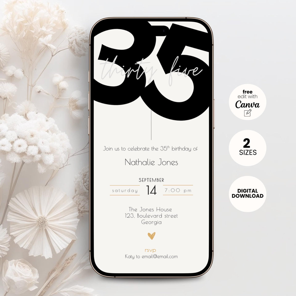 35th birthday invitation template preview, editable in Canva, stylish theme