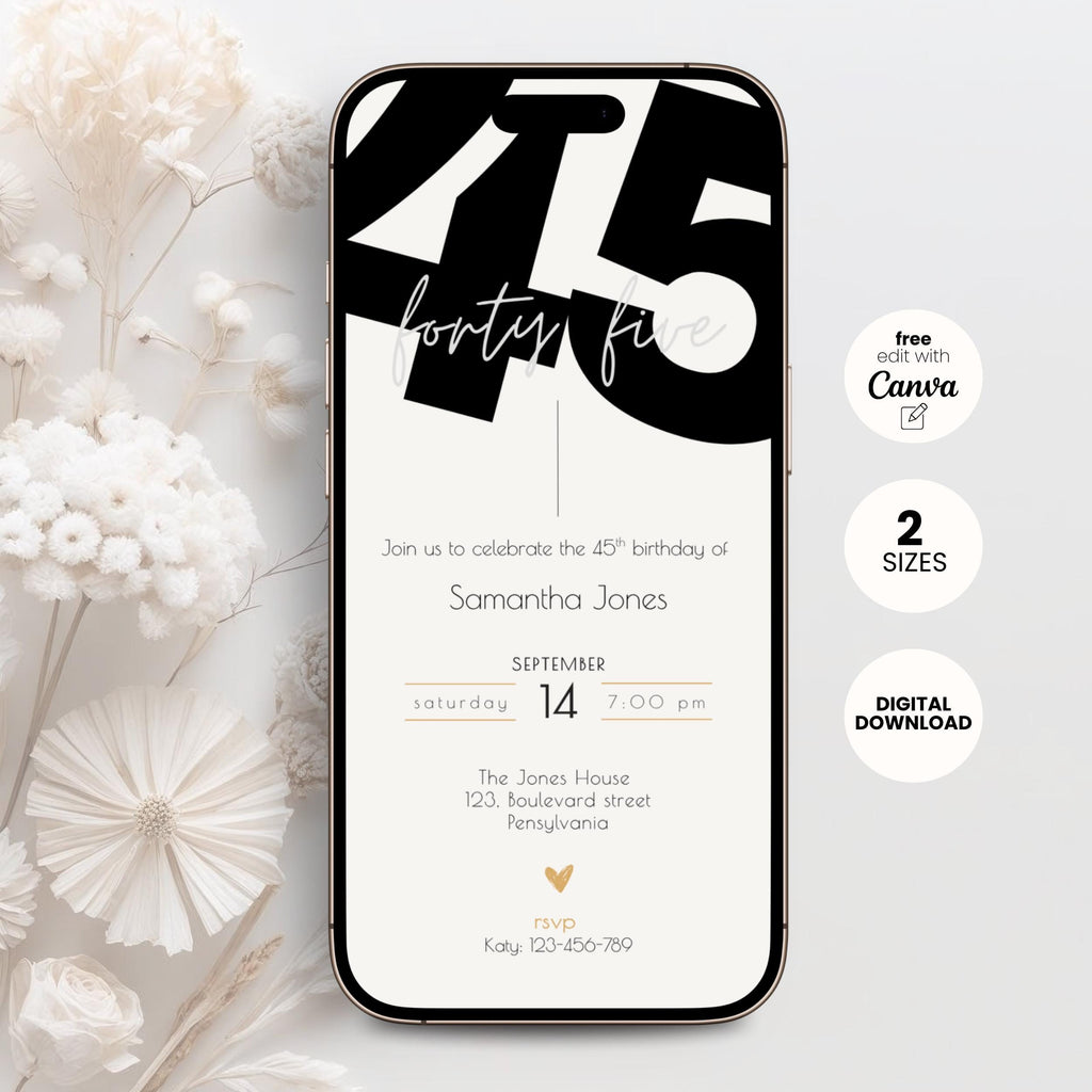 Modern Elegant 45th Birthday Invitation
