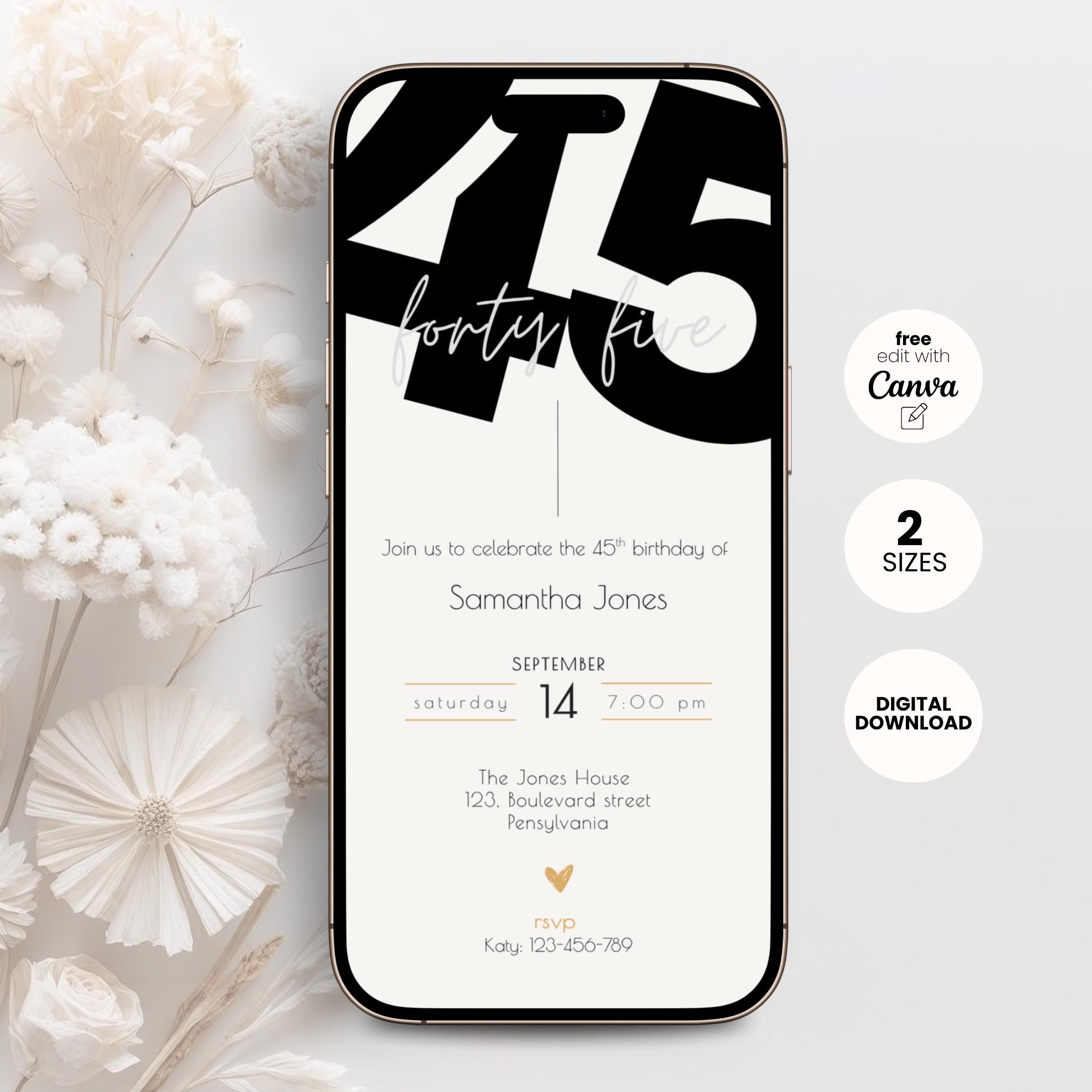 Modern Elegant 45th Birthday Invitation