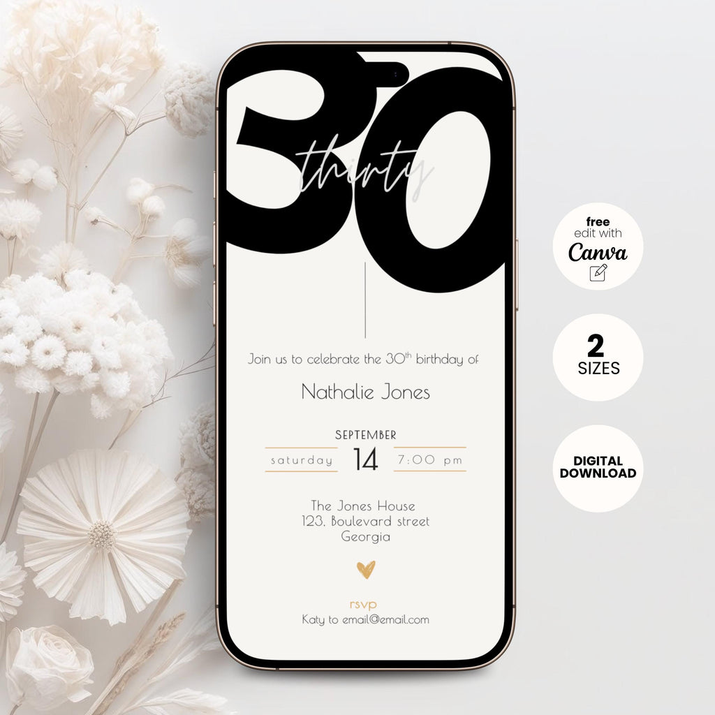 Phone screen displaying a 30th birthday invitation with '30' on a white background with flowers.