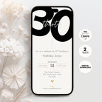 Phone screen displaying a 30th birthday invitation with '30' on a white background with flowers.