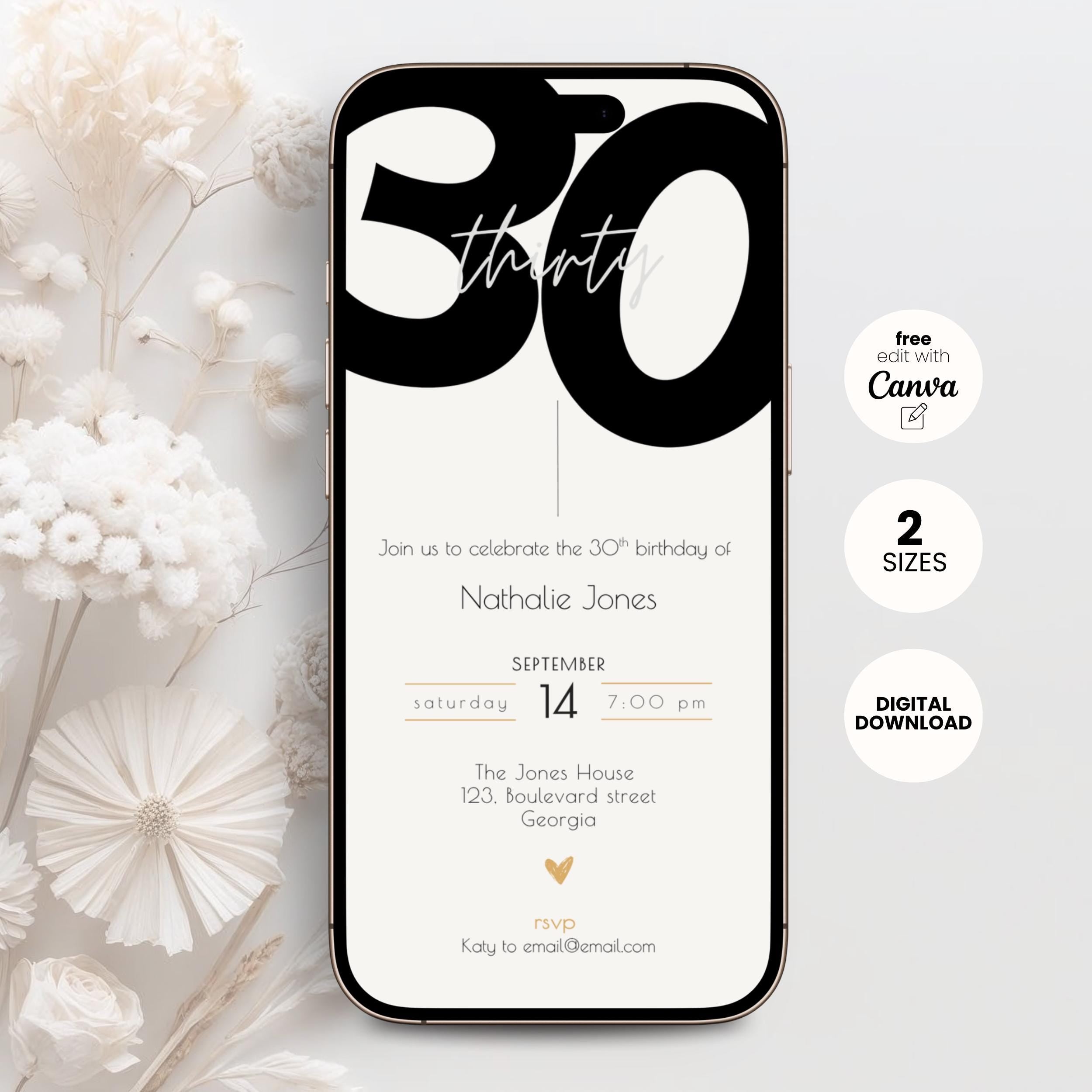 Phone screen displaying a 30th birthday invitation with '30' on a white background with flowers.