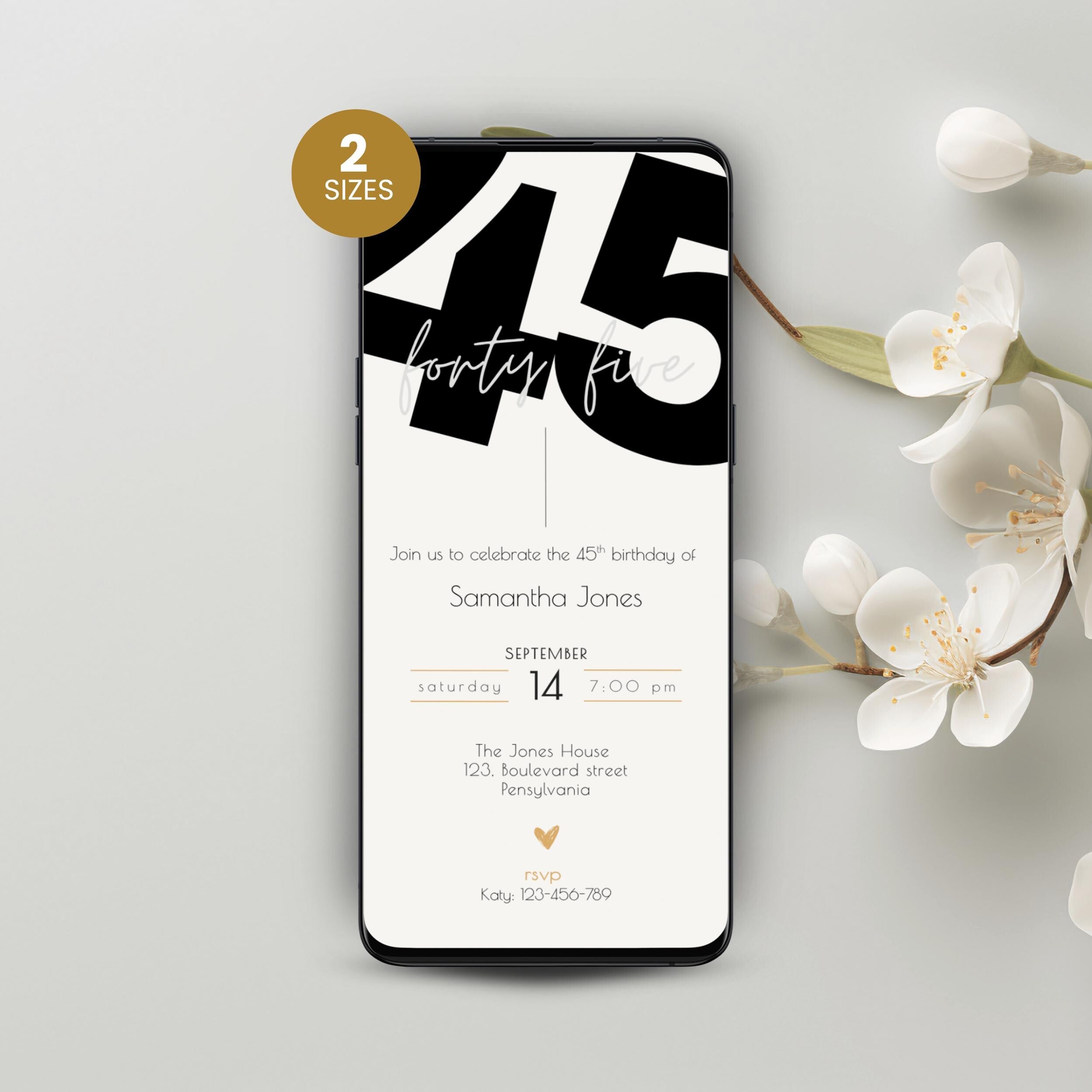Modern Elegant 45th Birthday Invitation