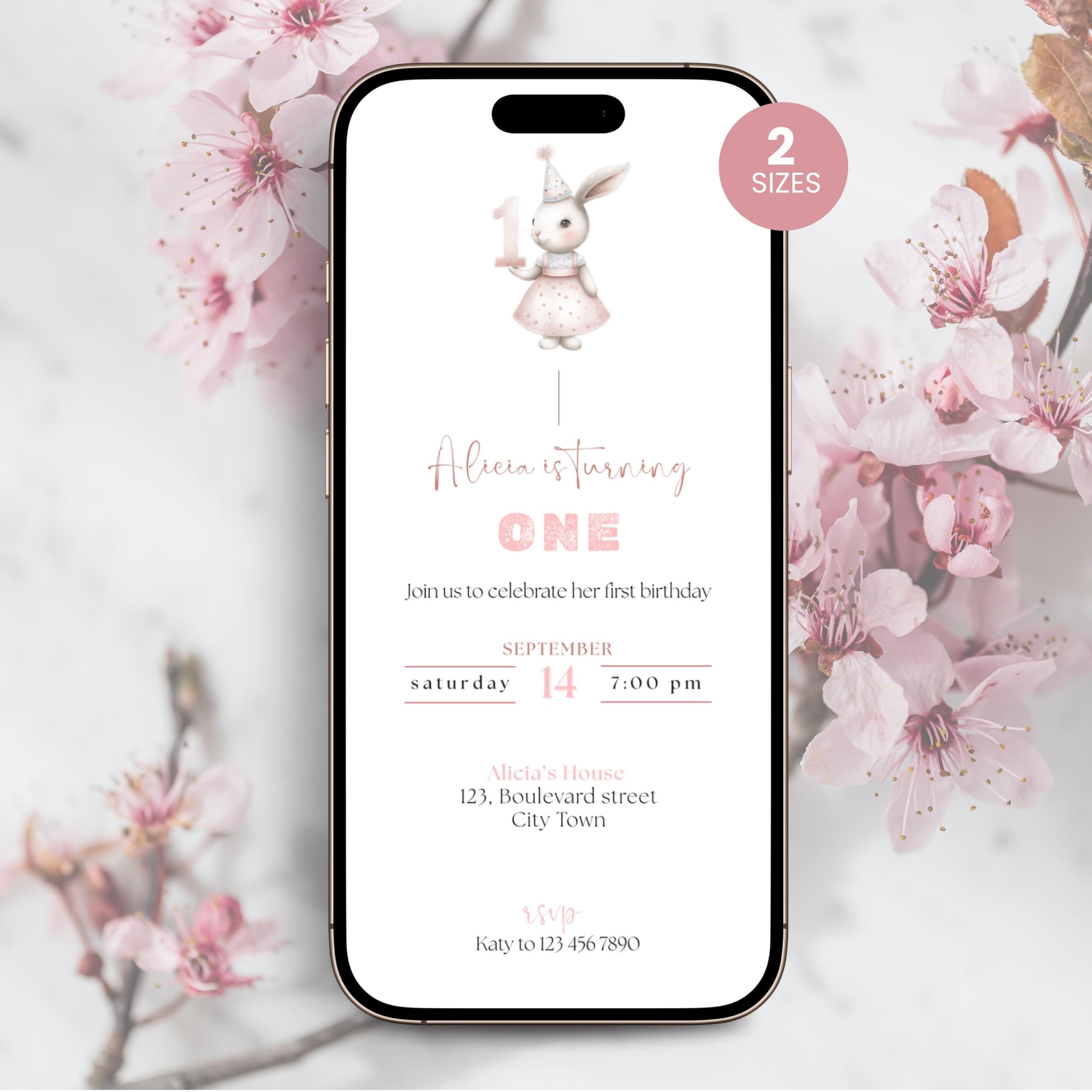 Bunny First Birthday Invitation Girls