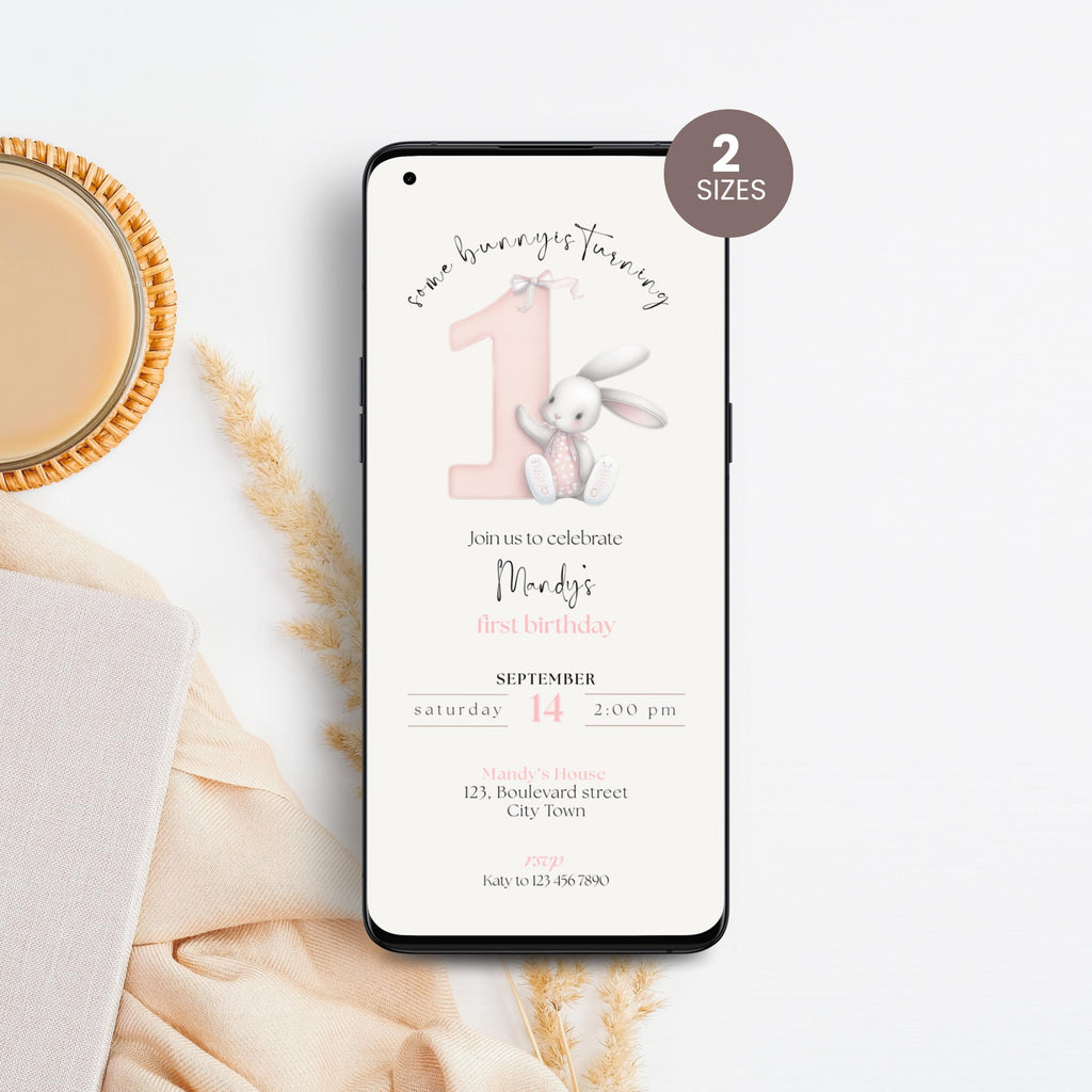 Pink Bunny 1st Birthday Invitation