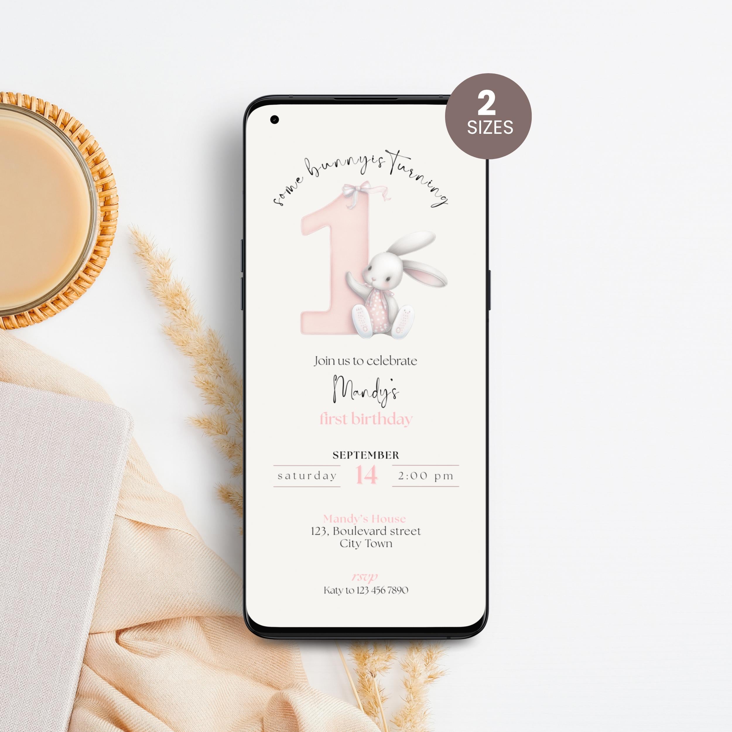 Pink Bunny 1st Birthday Invitation