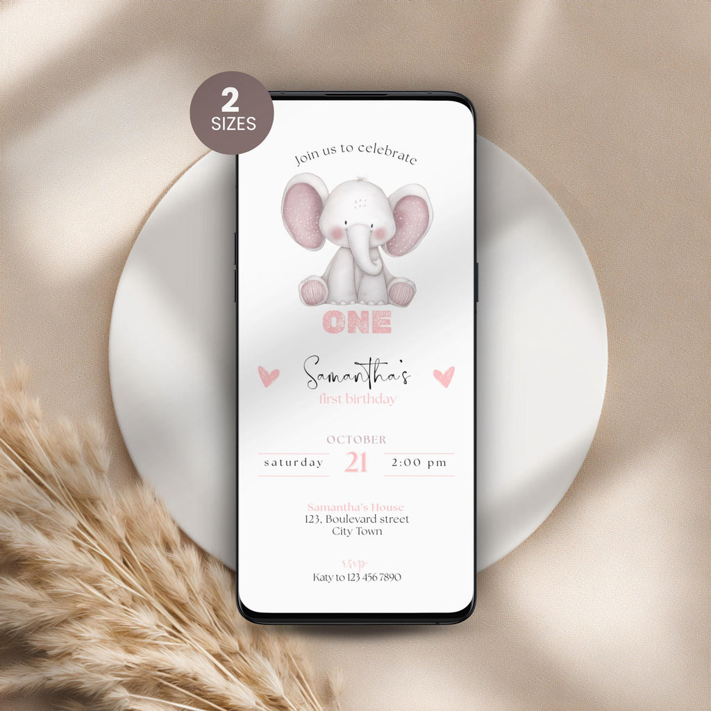 Elephant Pink 1st Birthday Invitation