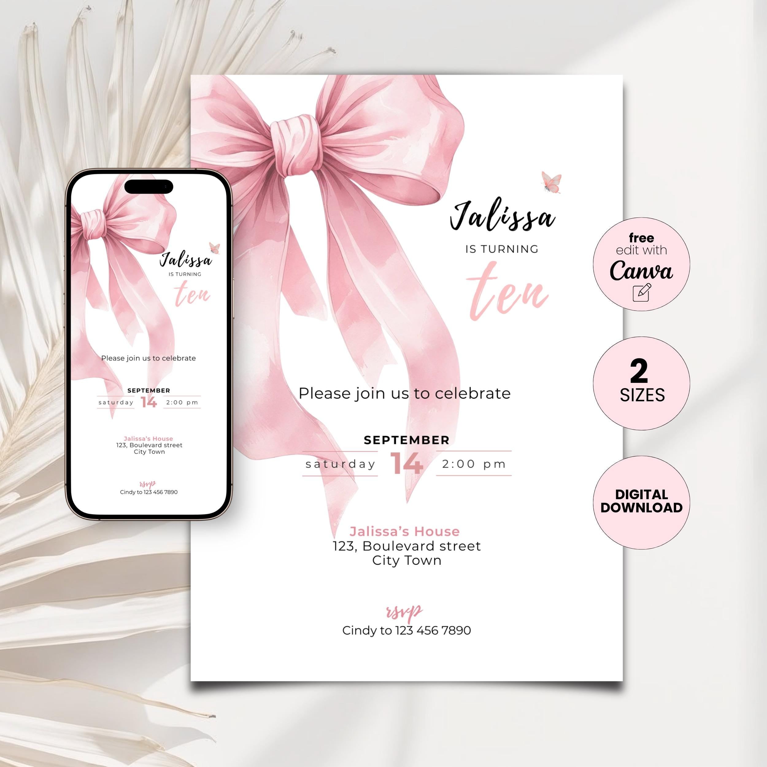 Pink Bow 10th Birthday Invitation Girls