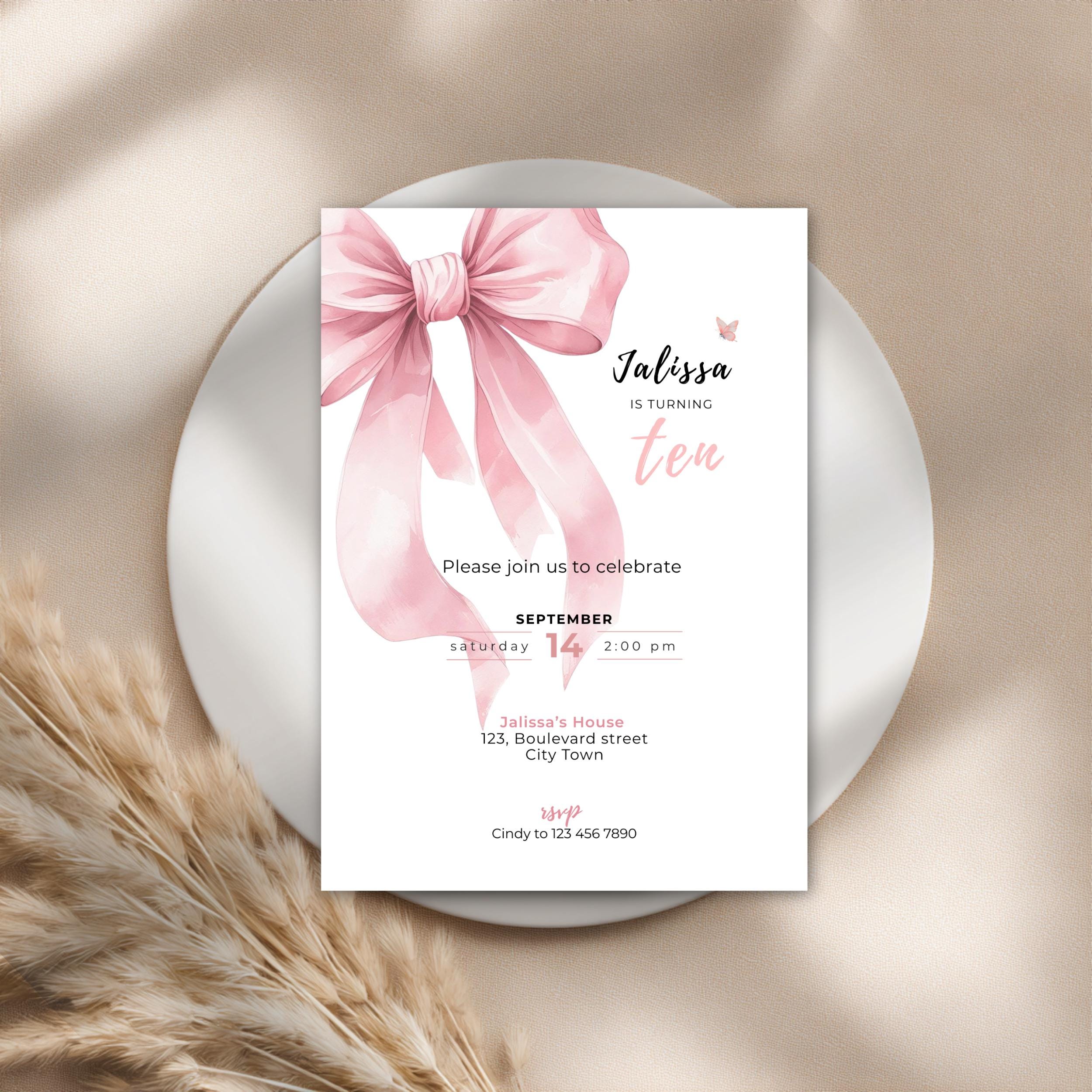 Pink Bow 10th Birthday Invitation Girls