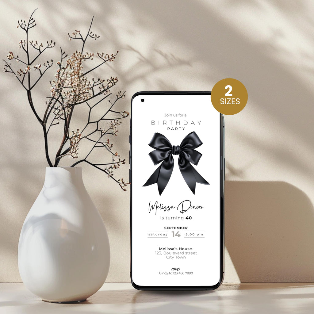 Black Bow 40th Birthday Invitation for Women