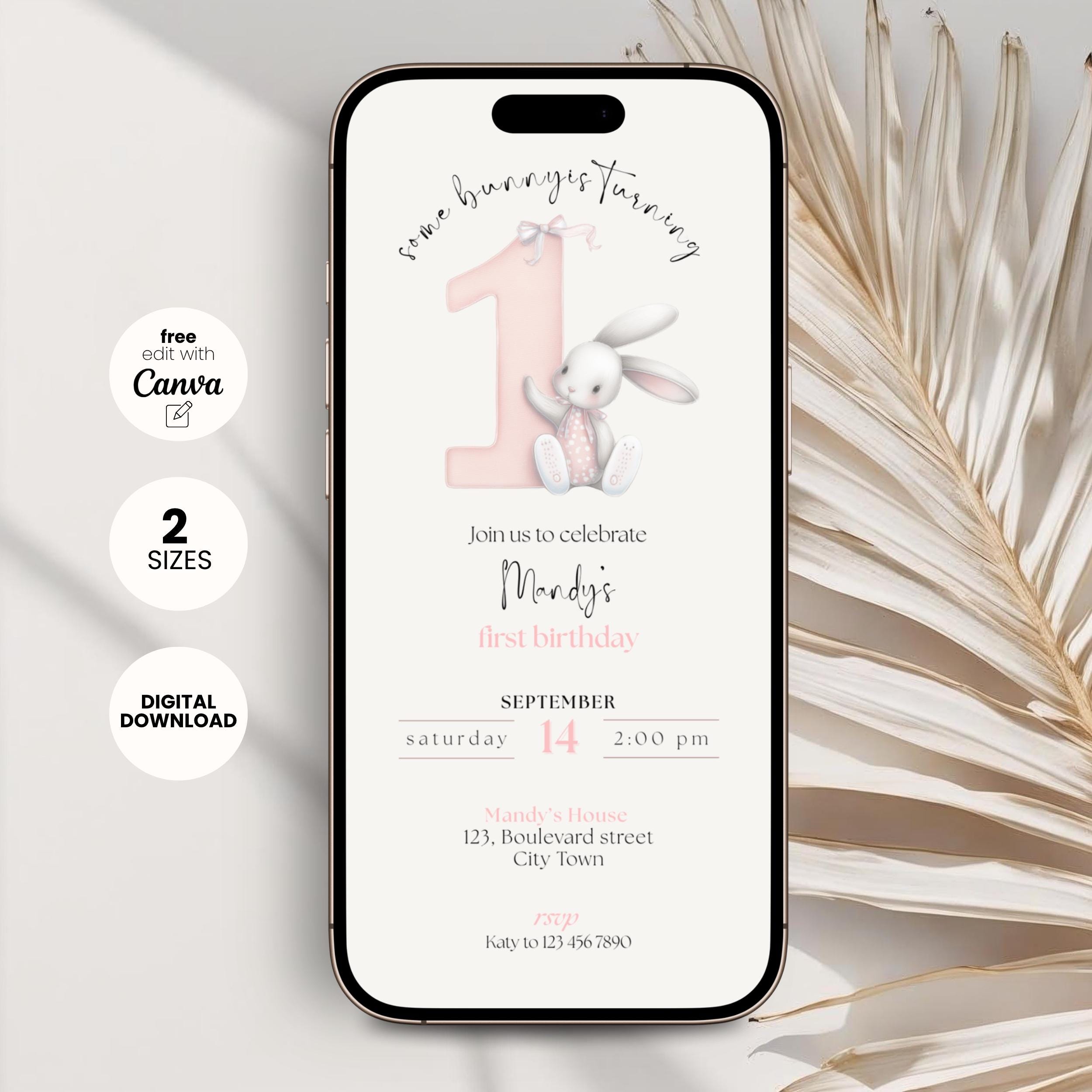 Pink Bunny 1st Birthday Invitation