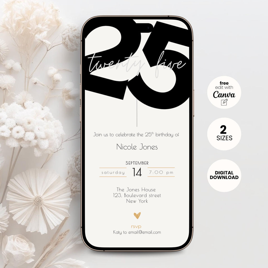 Minimal Stylish 25th Birthday Invitation