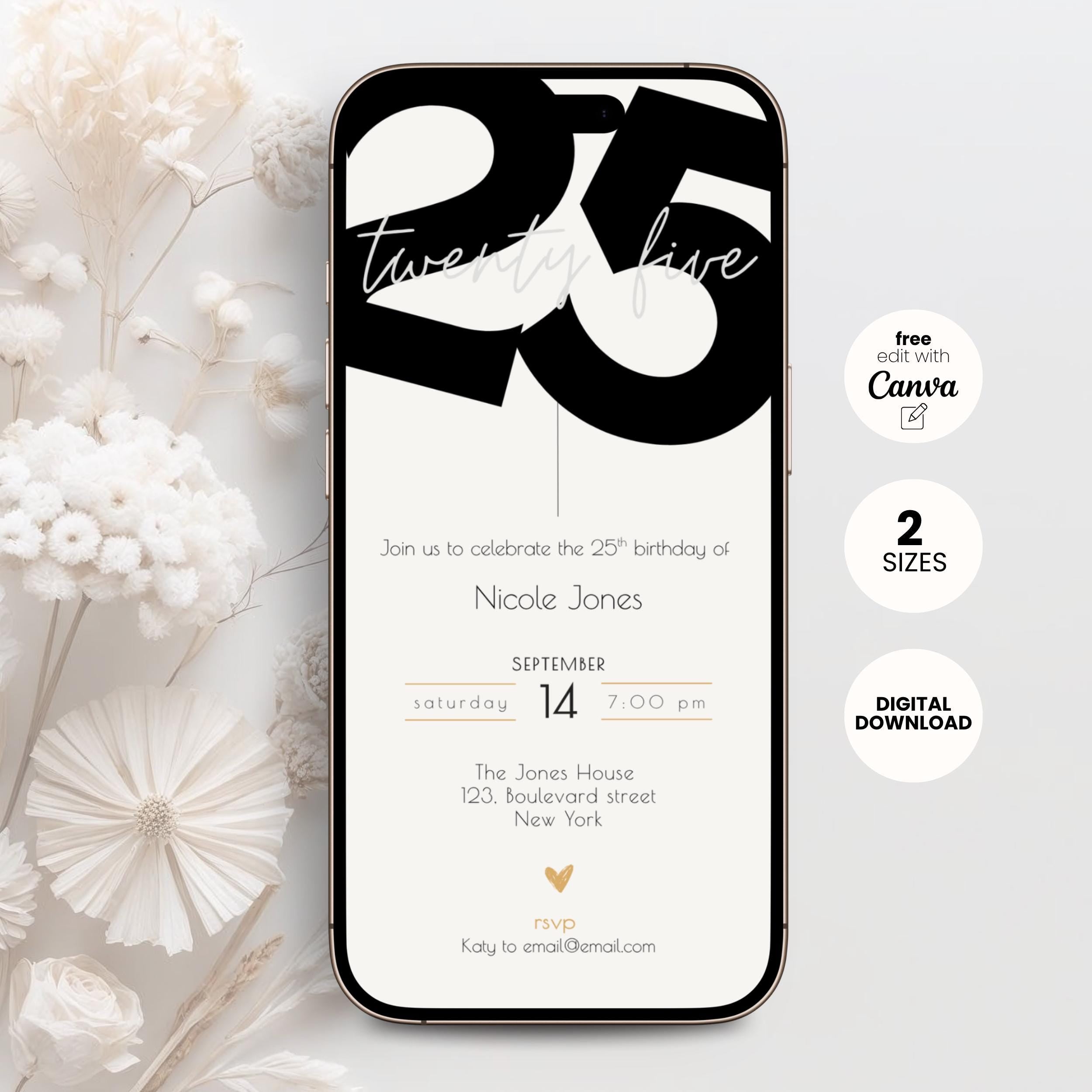 Minimal Stylish 25th Birthday Invitation