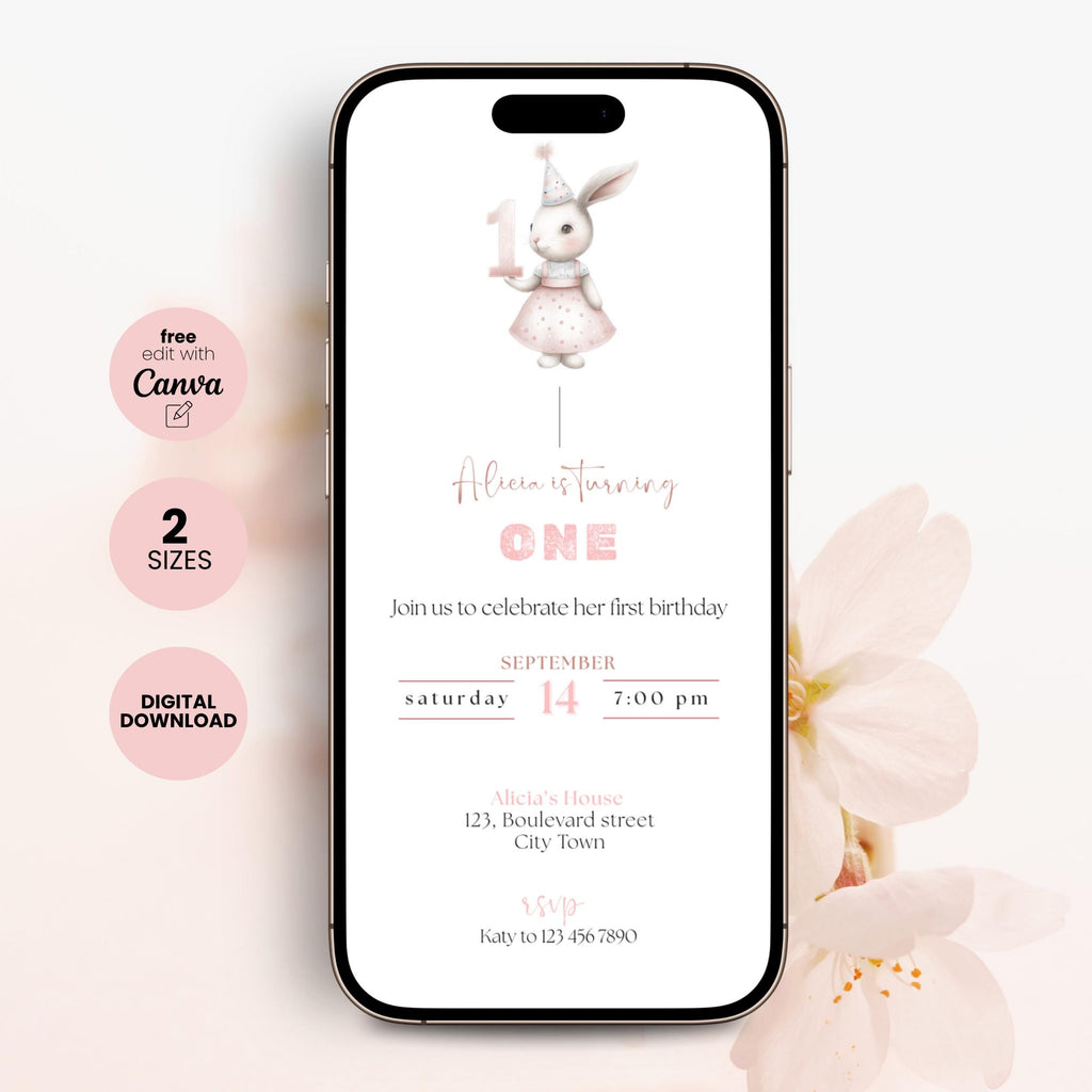 Bunny First Birthday Invitation Girls